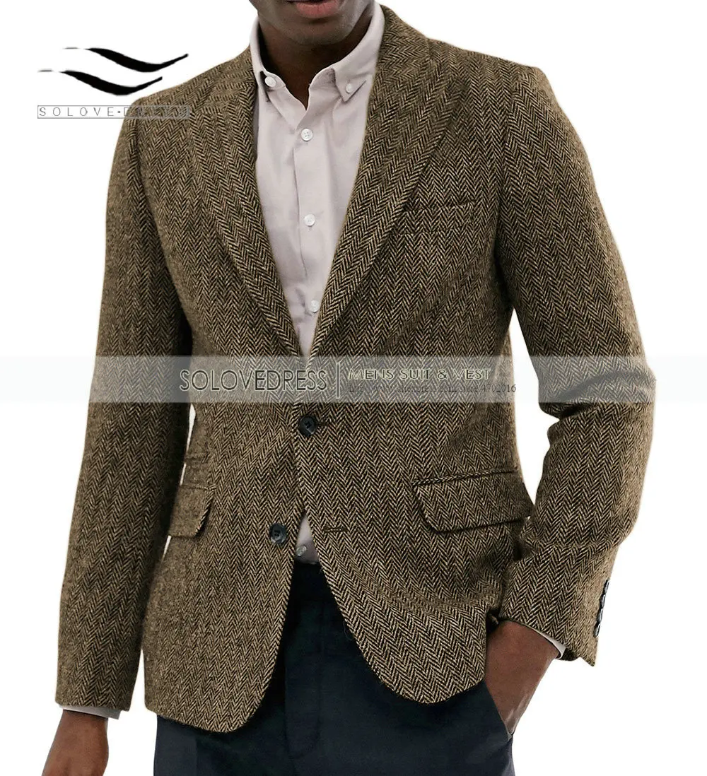 Men's Herringbone Jacket 1 Pieces Formal Lapel Notch Tweed Wool Tuxedos Blazer Slim Fit Winter Coat Wedding Groomsmen