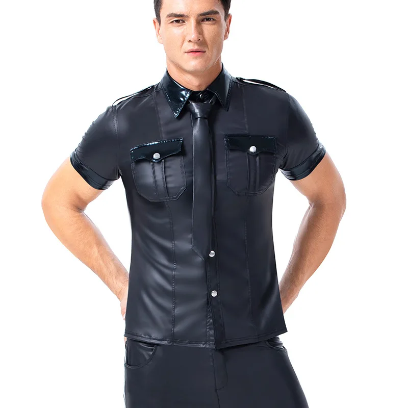 Sexy Black Faux Leather Shirt Wet Look Stretch Undershirt Latex Novelty Short Sleeve Buttons Uniform Clubwear Stage Costume