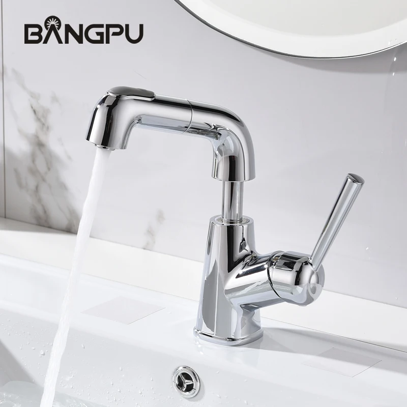 

BANGPU Bathroom Pull Out Faucet 1 Hole Sink Faucet Single Handle Basin Faucet Bathroom Tap Solid Brass Deck Mounted Chrome