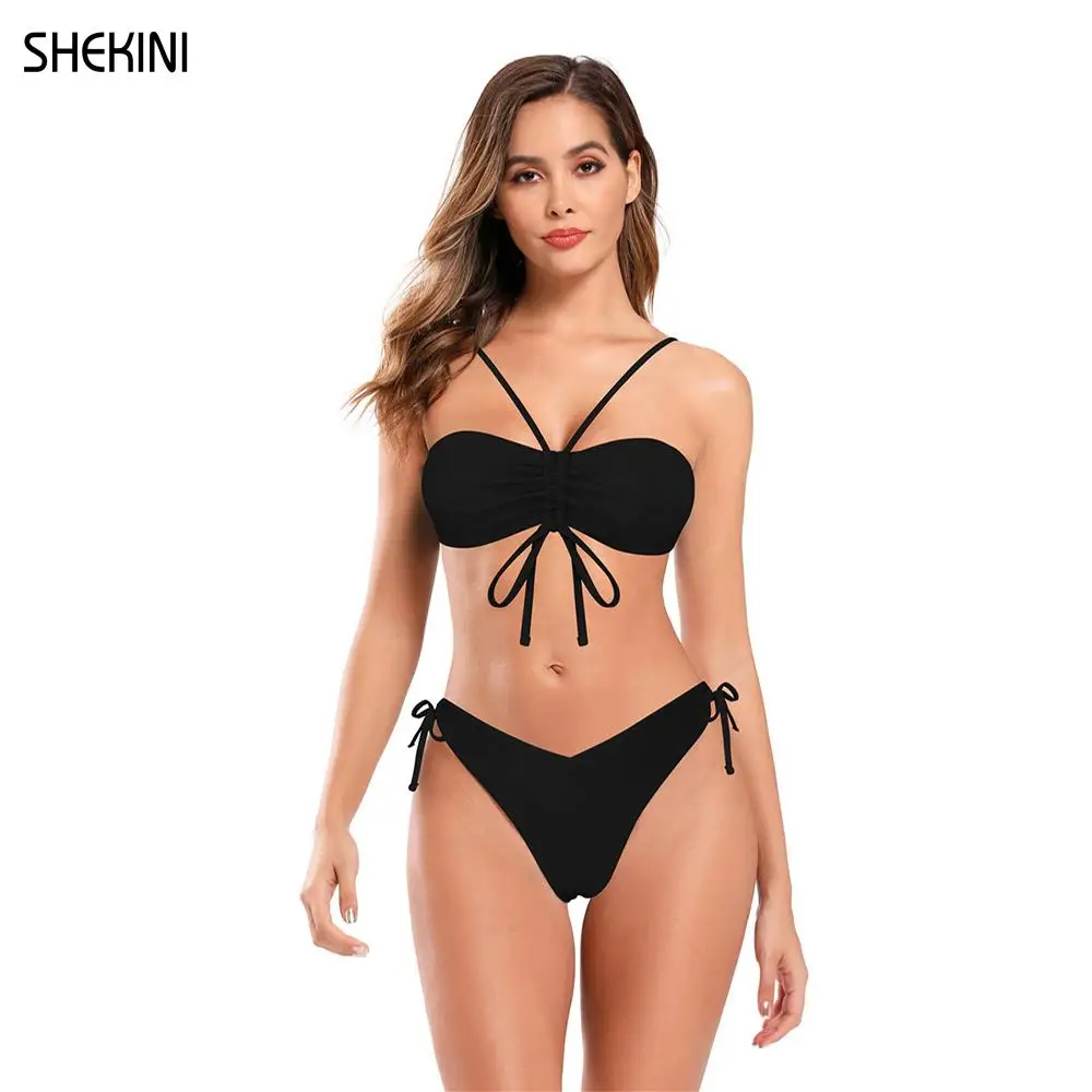 SHEKINI Women's Bandeau Drawstring Bikini Sets Low Waist Tie Side Swimming Bottom Two Piece Swimsuits Beach Bathing Suits