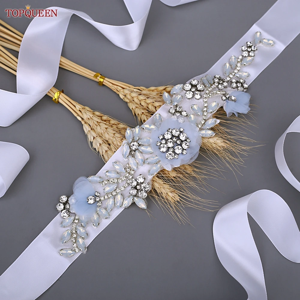 

TOPQUEEN S419-B Tiffany Blue Wedding Flower Belt Opal Rhinestones Bridal Dress Sash Party Prom Maternity Waistband Girls Girdles