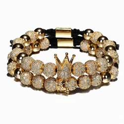 Luxury Crown Charm Men Bracelets 8mm Micro Pave CZ Round Braided Macrame Bracelet Pulseira Feminina Handmade Jewelry Women Gift