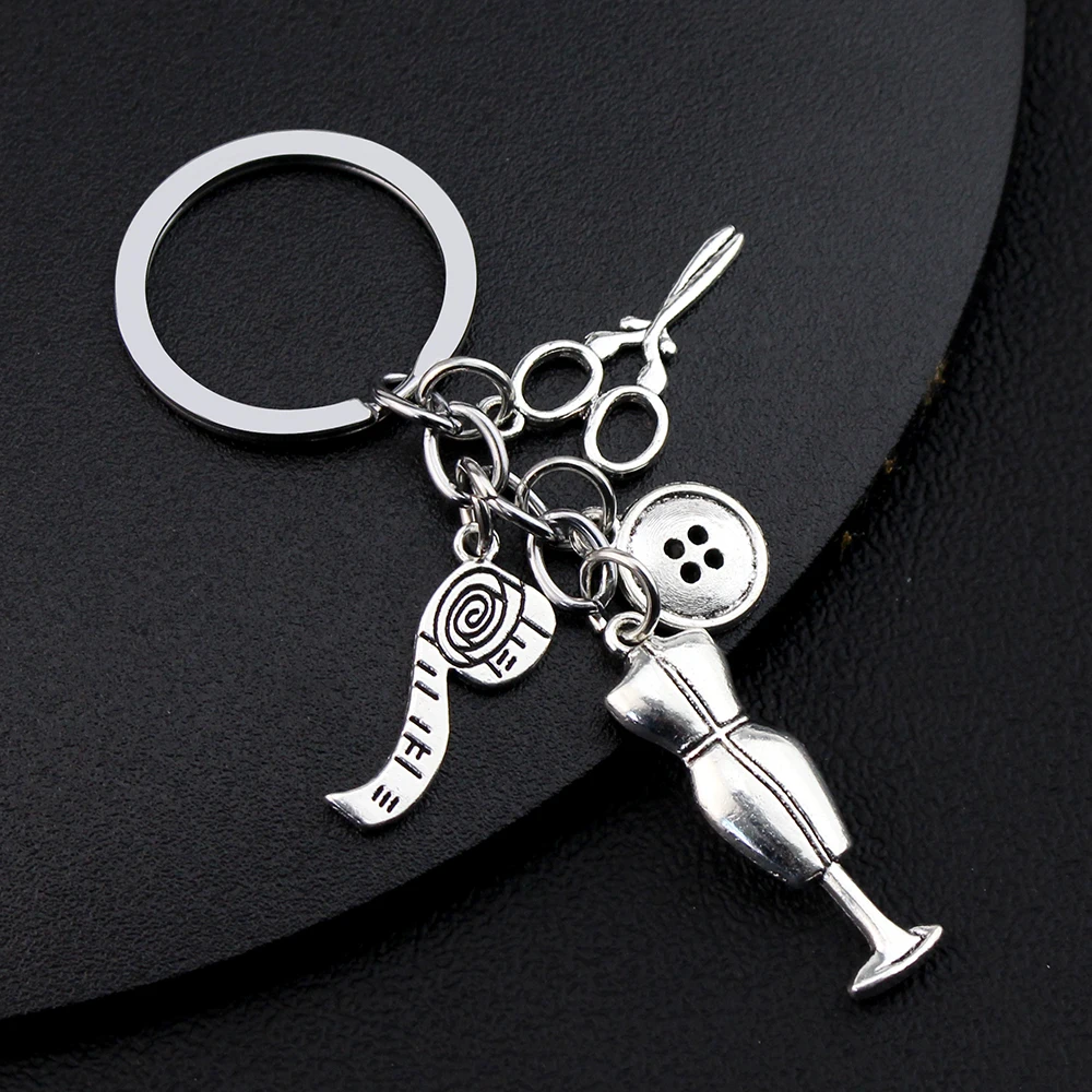 New Sewing Machine Keychain Tailor Key Ring Iron Tape Measure Scissors Dress Key Chain Women's Gift DIY Jewelry