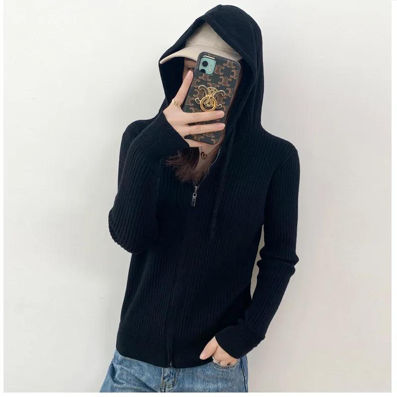 Women cardigans 2023 spring new hooded sweater cardigan female bottoming shirt casual loose knit zip jacket with cap sweaters