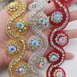 5yards Pearls Crystal Rhinestone Beaded Trim Applique Iron On Bridal Wedding dress