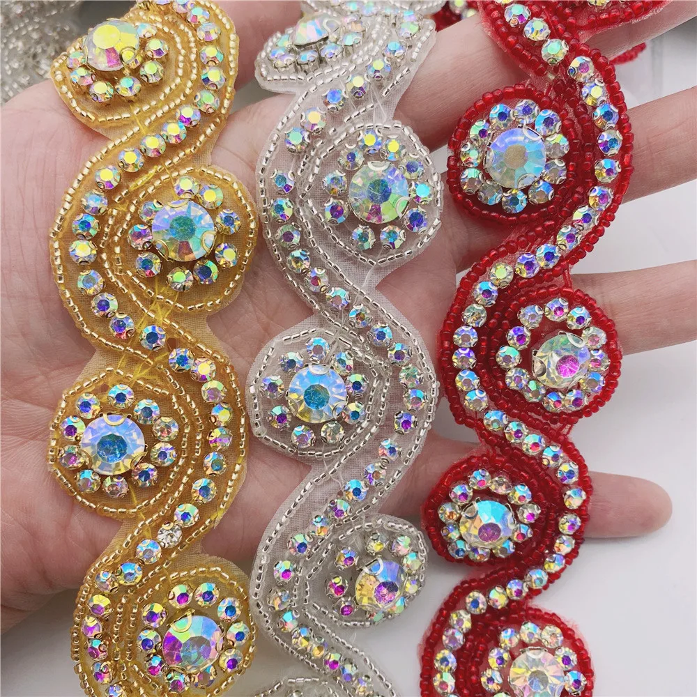 5 jardów perły Crystal Rhinestone aplikacja wykończeniowa z koralikami żelazko na ślubnej sukni ślubnej