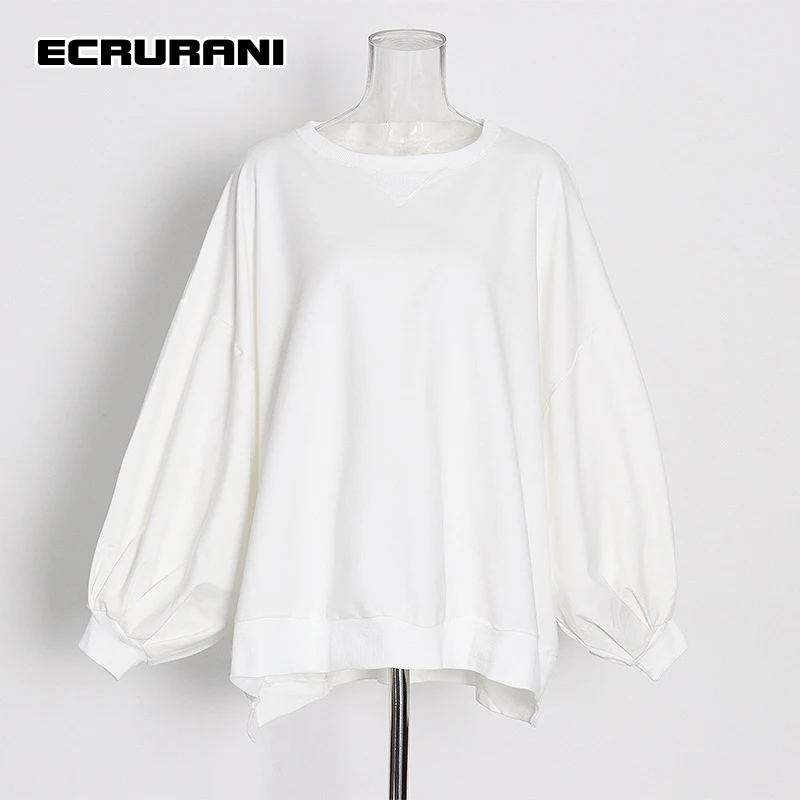 

ECRURANI Loose White Casual Pullovers For Women O Neck Puff Long Sleeve Minimalist Sweatshirts Females 2022 Fashion New Clothing