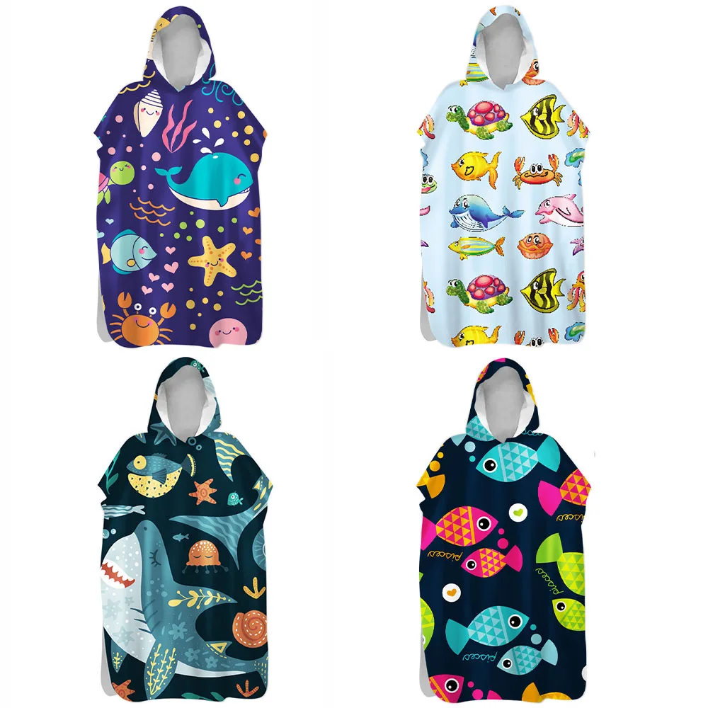 Customizable Outdoor Sea Animal Pattern Adult Kid Double-Faced Fleece Quick Dry Beach Towel Warm Swimming Hooded Bathrobe Cloak