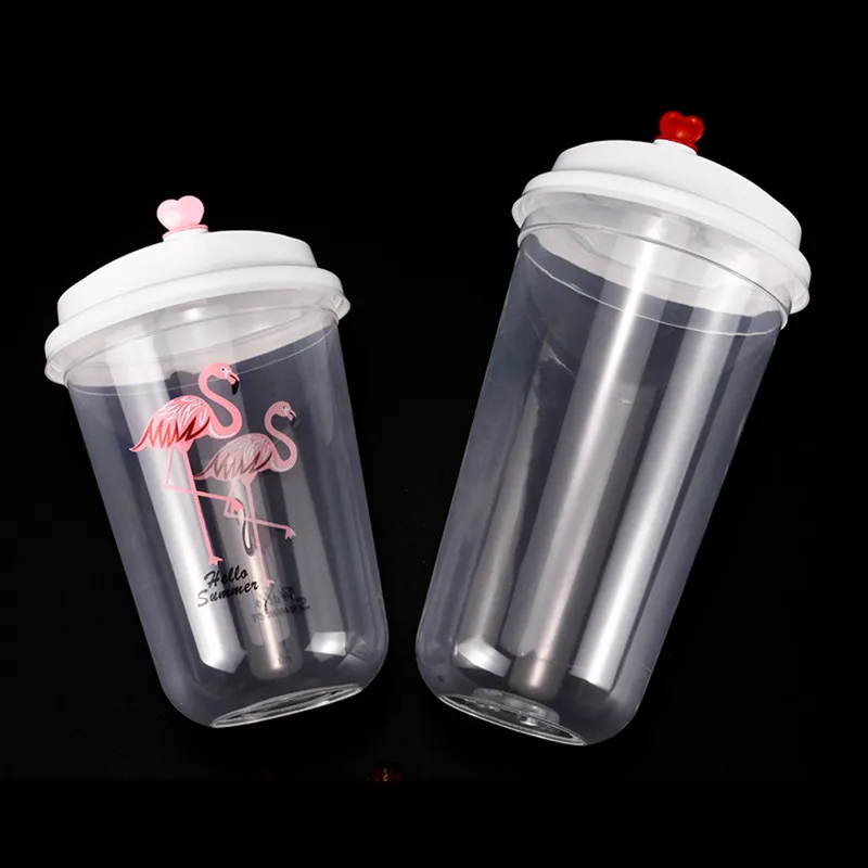 50pcs Net red flamingo clear plastic cups U shape creative bubble tea cup drinking coffee cup disposable cups with lids 500ml