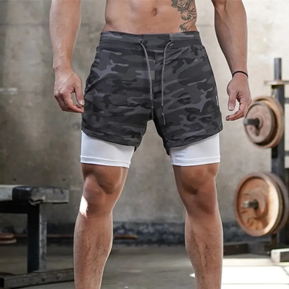 2022 Camo Running Shorts uomo 2 In 1 Double-deck Quick Dry GYM pantaloncini sportivi Fitness Jogging pantaloncini da allenamento uomo pantaloni