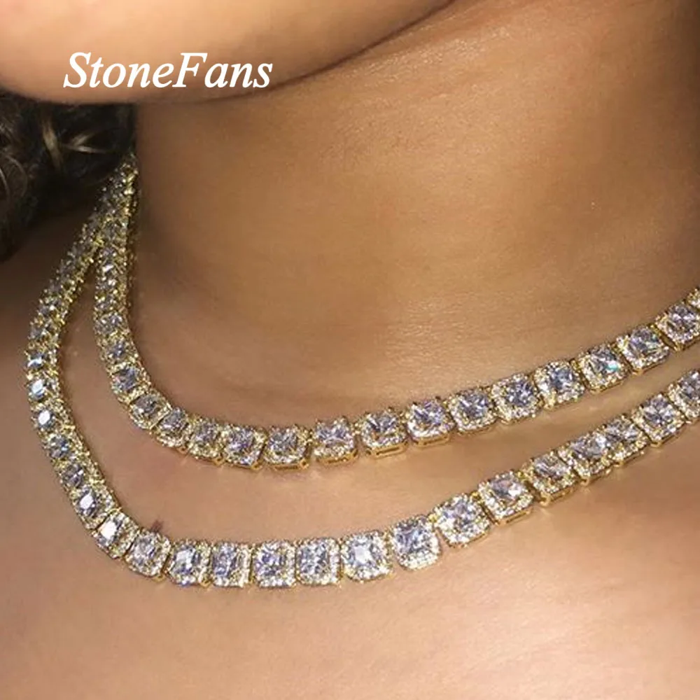 Stonefans Men Women Big Crystal Square Tennis Necklace Rhinestone Choker Statement Bling Thick Necklace Hip Hop Chain Jewelry