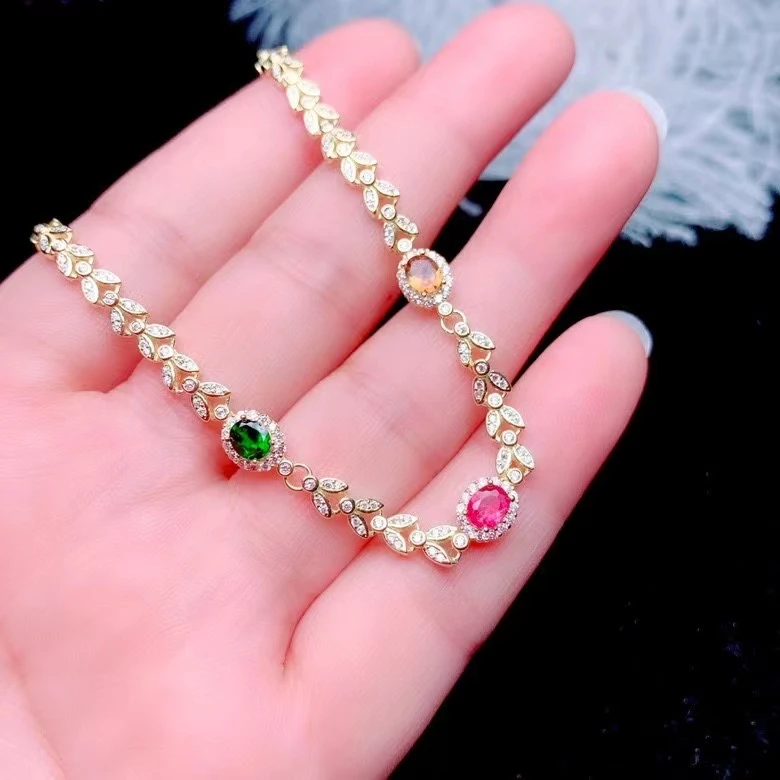 KJJEAXCMY fine jewelry 925 sterling silver inlaid Natural tourmaline women fresh elegant plant OL style gem hand bracelet suppor