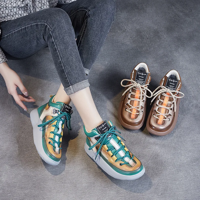 

Mix Color Sneakers Women Genuine Leather Casual Shoes High Top Ankle Shoes for Women 2021 Autumn New Platform Sneakers Colorful