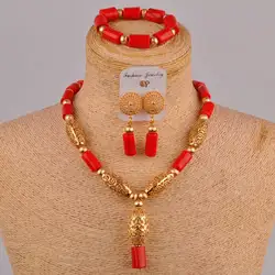 African Bead Cylindrical Red Jewelry Coral Bead Necklace India Fashion Nigeria Wedding Jewelry Sets SH-02