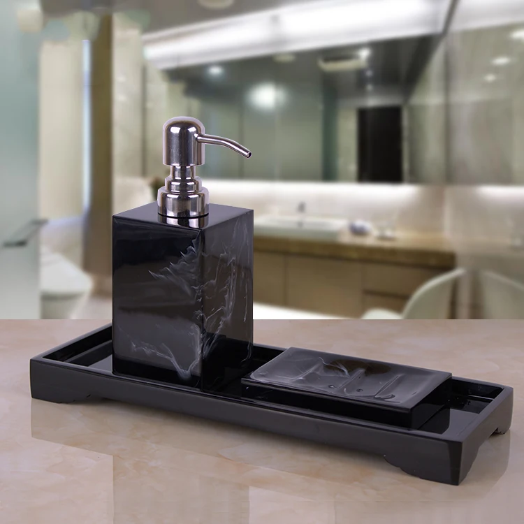 Black Marble Pattern Tray Resin Bathroom Set Toothbrush Holder Soap Dispenser Soap Dish Men\'s Bathroom Accessories Set Home Deco