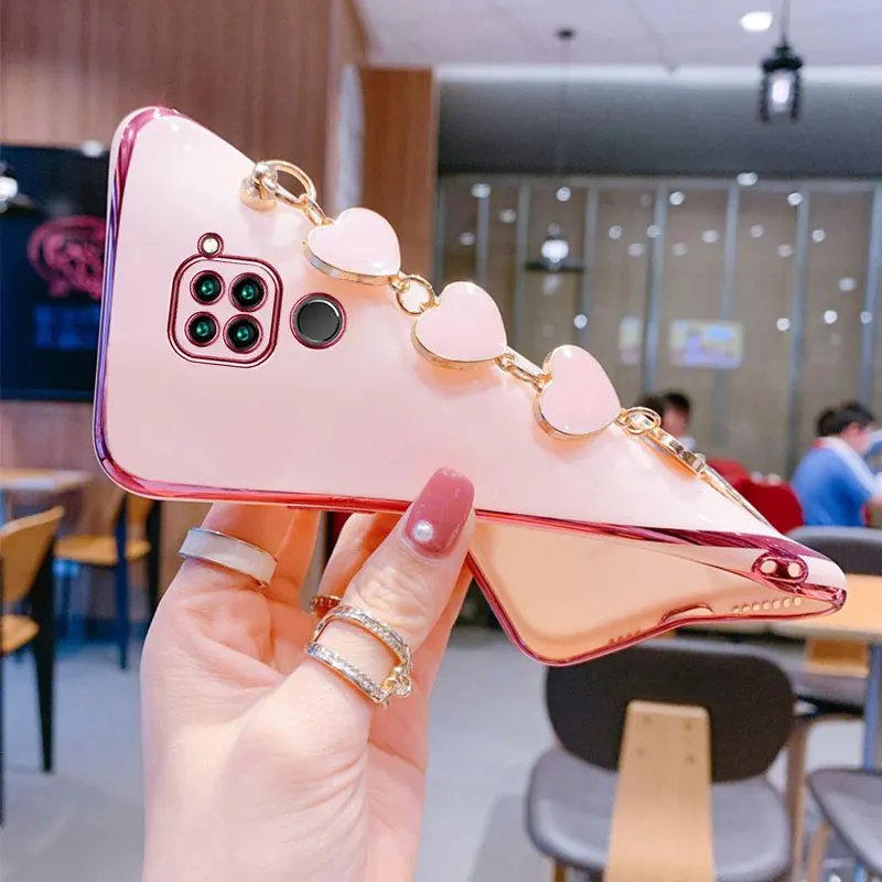 Wrist Bracelet Phone Case For Redmi Note9 Case Luxury Heart Chain Plating Cover Capa Xiaomi Redmi Note 9 Pro Max Note9s Silicone