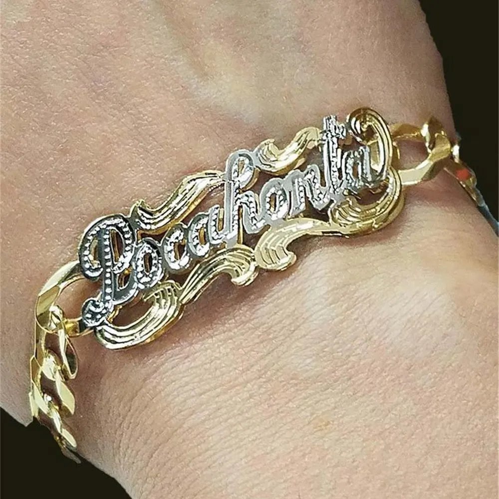 Imagem -04 - Kristenco-double Plate Name Bracelets para Mulheres Corrente Cubana de Aço Inoxidável Two Toned Name Bracelet Presentes