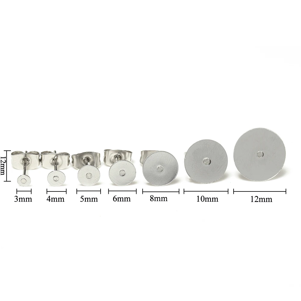 100Pcs Stainless Steel Earring Base Blank Ear Studs Pin Post 3/4/5/6/8/10/12mm Cabochon Setting for DIY Jewelry Making Findings