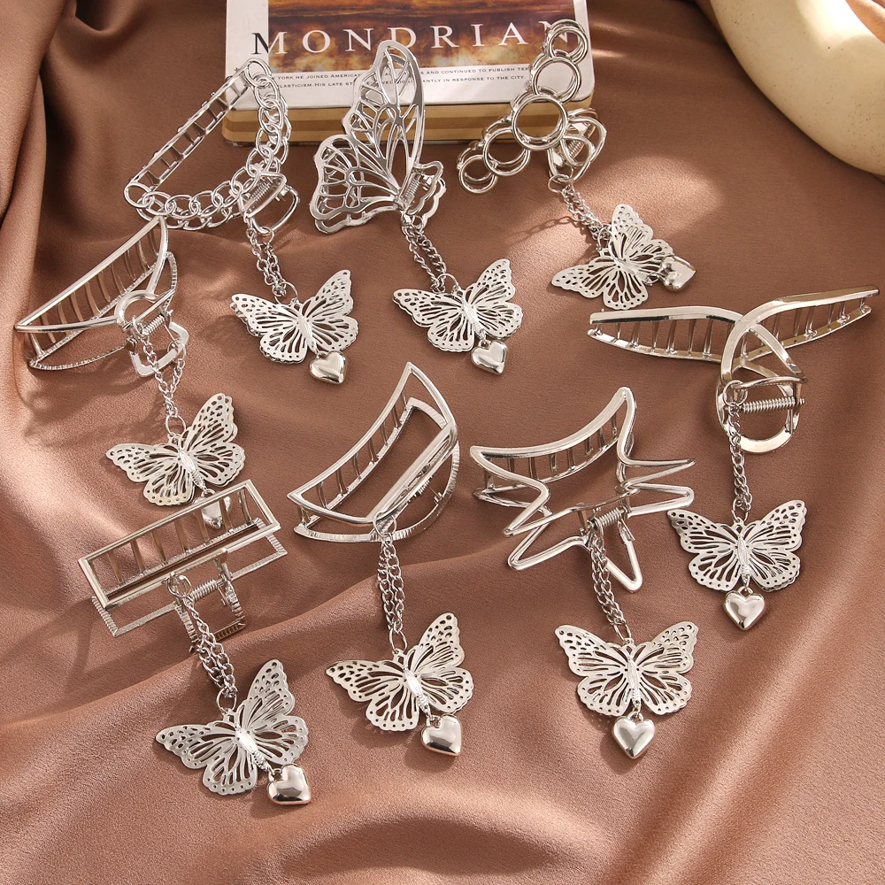 FNIO New Women Girls Cute butterfly Geometric Silver Alloy Hair Claws Hair Clips Hairpins Headwear Fashion Hair Accessories