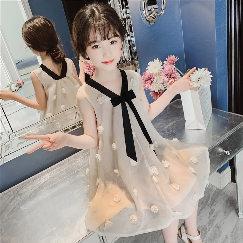 Summer Girls Dress 2021 New Korean Style Applique Bow Little Fairy European American Princess Dress Children\'S  Clothing 4-13