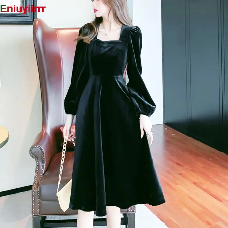 Women 2022 New Year Winter Spring Square Neck Design Solid French Black Long Elegant Party Velvet Dress