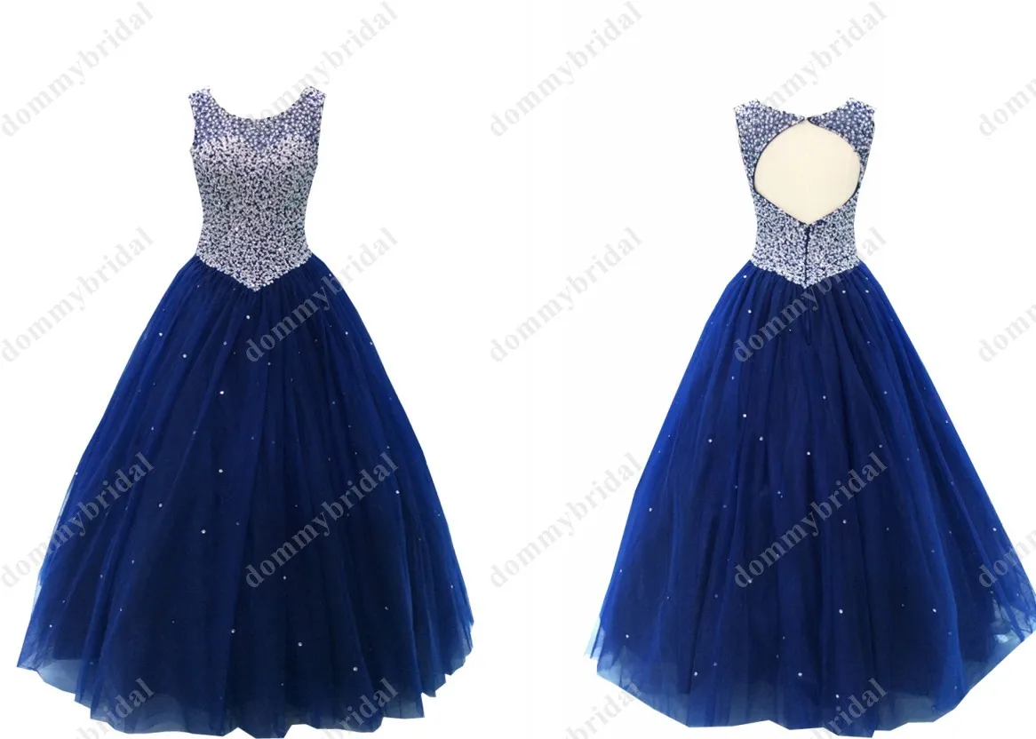 Sexy Sheer Hals Parels Marineblauw Baljurk Jurk Voor Quinceanera Tulle Keyhole Back Goedkope Designer Vestido De 15 Anos