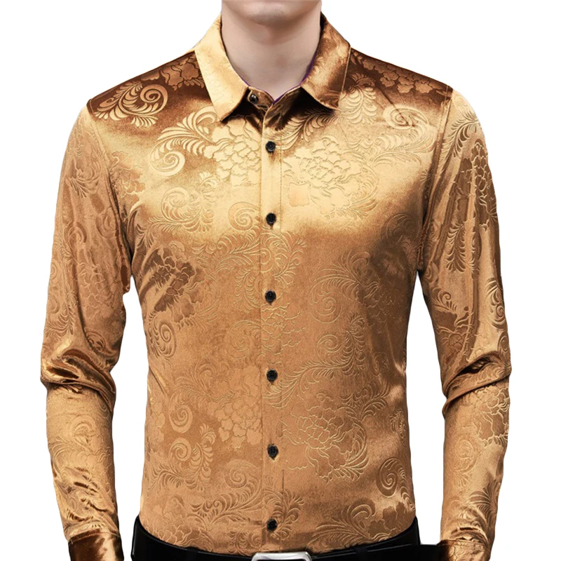 Mens Green Velvet Floral Dress Shirts 2020 Brand New Slim Fit Long Sleeve Velour Shirt Men Casual Button Down Shirt Male Camisas