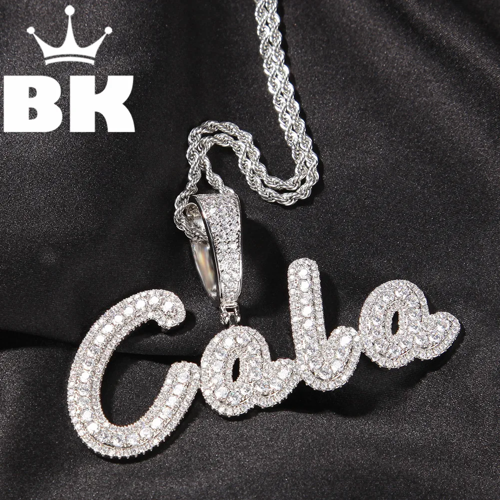 THE BLINGKING Big Custom Name Necklace For Women Men Cursive Letter Iced Out Pink CZ Pendant Baguette Chain Sweet Hiphop Jewelry