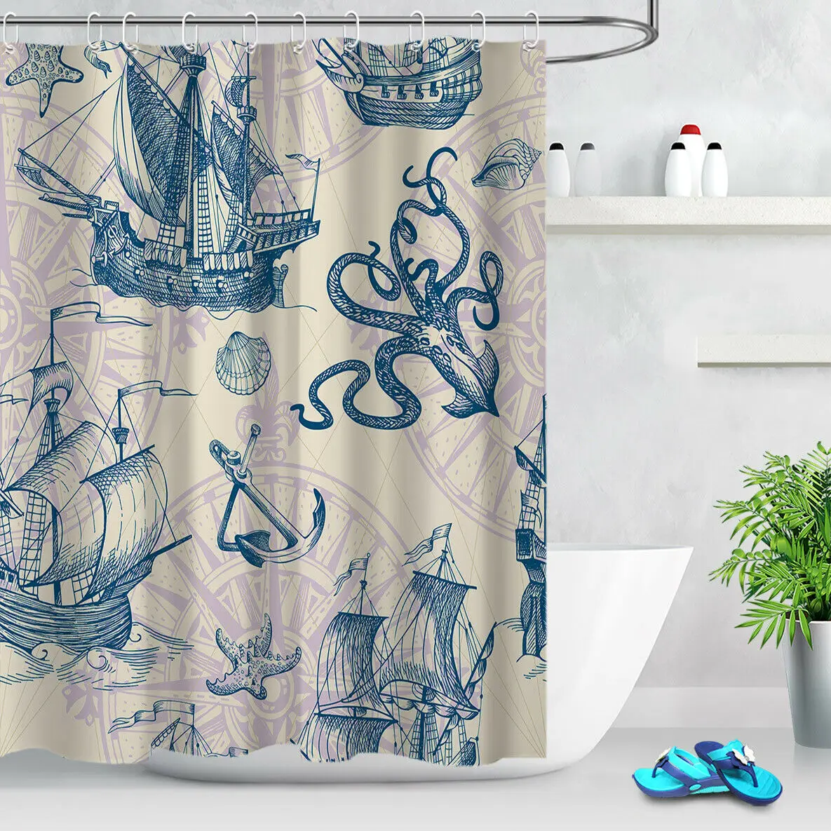 Uniqued Hand Drawn Vintage Sailing Octopus Fabric Shower Curtain Bathroom Set