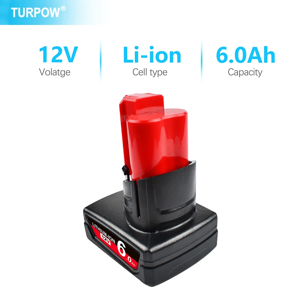 Turpow-リチウムイオンバッテリー12v,6000mah,milwaukee 12 xc用,コードレスツール48-11-2402 48-11-2411,48-11-2401
