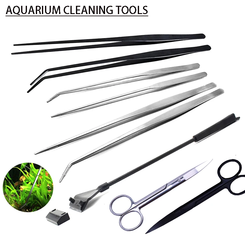 Fish tank cleaning tools Stainless steel straight/bent scissors tweezers series Glass algae remover Aquarium cleaning supplies