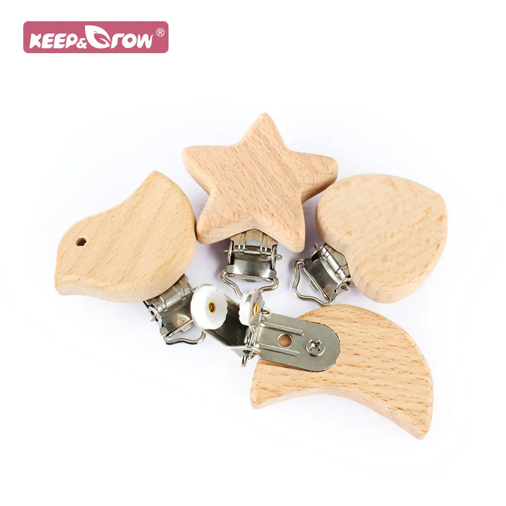 3pcs Netural Beech Wood Pacifier Clip BPA Free Elephant Dinosaur Bird Bear Moon Star Heart Shape Wood Dummy Holder Baby Clips