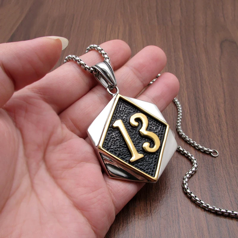 Punk 316L Stainless Steel Silver Color Number Gold Plated 13 Biker Pendant Rope Link Chain Jewelry