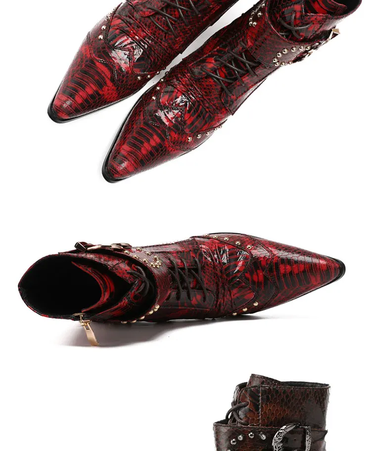 Herren Maßgefertigte Schlangenleder-Stiefel mit Nieten, Mittelhoch, Spitze Zehenkappe, Luxuriöser Singer-Modell-Stil, Bar-Party, Persönlichkeit, Herbstschuhe – Detail 15