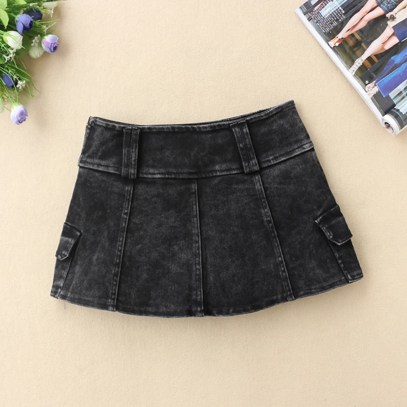 

2023 Summer Casual Mini Jeans Skirt Y2k Fashion Mid Waist Skirts Women Black White All-matched Pocket Denim Skirt Female Saias