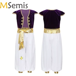 Boys Arabian Aladin Prince Cosplay Costume Cap Sleeves Waistcoat with Pants Halloween Cosplay Fairy Parties Dress Up Outfit