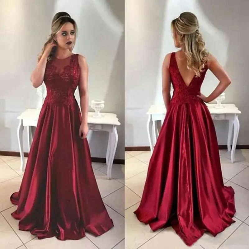 

Formal Dresses Applique A Line Evening Dress O-Neck Prom Party Gown Backless Elastic Satin Ball Gown Lace Floor-Length Custom