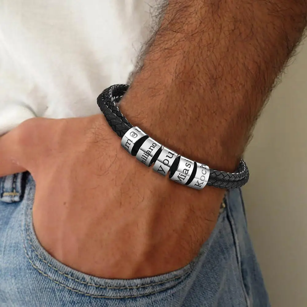 Personalized Name Bracelet Custom Bead Stainless Steel Clasp Multilayer Black Leather Wristband Man 2020 Customized Jewelry Gift