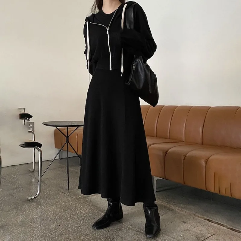 

Women's Trendy Two Piece Outfits Solid Hooded Zipper Up Sweatshirt Fashionable High Waist Mid-long Vest Skirt Autumn Spring 2021