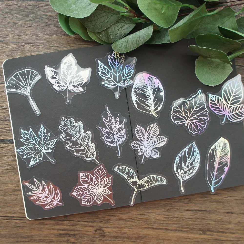 44pcs Laser Paper Made Leaves Leaf Vein Style Sticker Scrapbooking DIY Gift Packing Label Decoration Tag