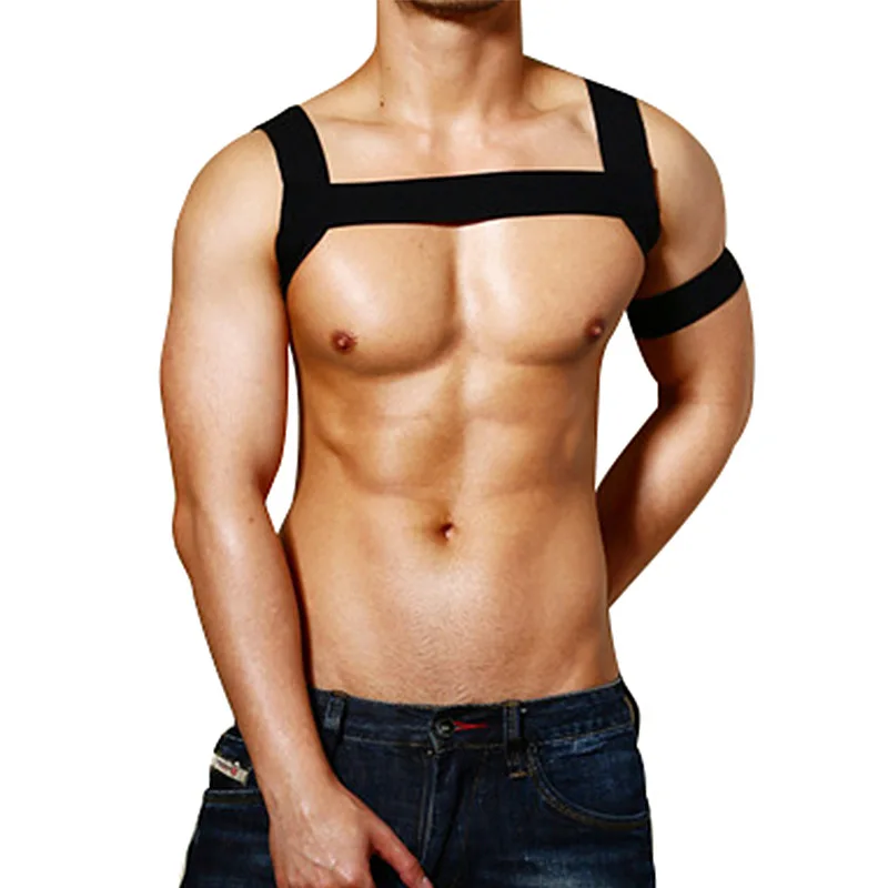 2PCS/Sets Fetish Men Chest Harness Elastic Shoulder Arm Harness Strap Belt Harnas Mannen Stage Costume Clubwear Gay Body Bondage