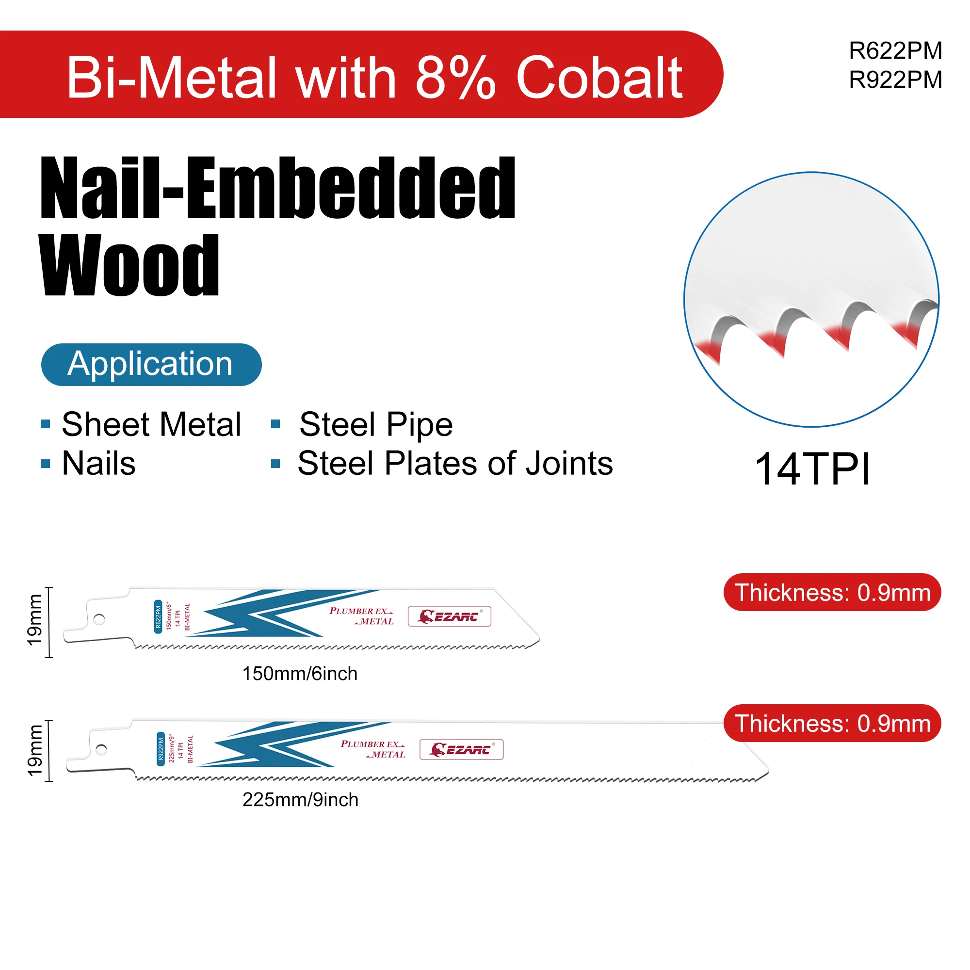 EZARC Reciprocating Saw Blade Bi-Metal Cobalt Sabre Saw Blades for Metal Cutting 14TPI 150mm / 225mm R622PM /  R922PM (5-Pack)