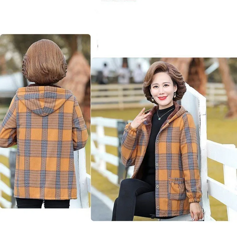 Middle-Aged and Elderly Women's Autumn Winter Fleece Hooded Casual Jacket 40-Year-Old Women's Cotton Outerwear Mother Loose Coat