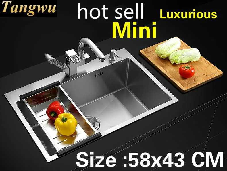 

Free shipping Apartment mini luxurious kitchen manual sink single trough standard 304 stainless steel hot sell 580x430 MM