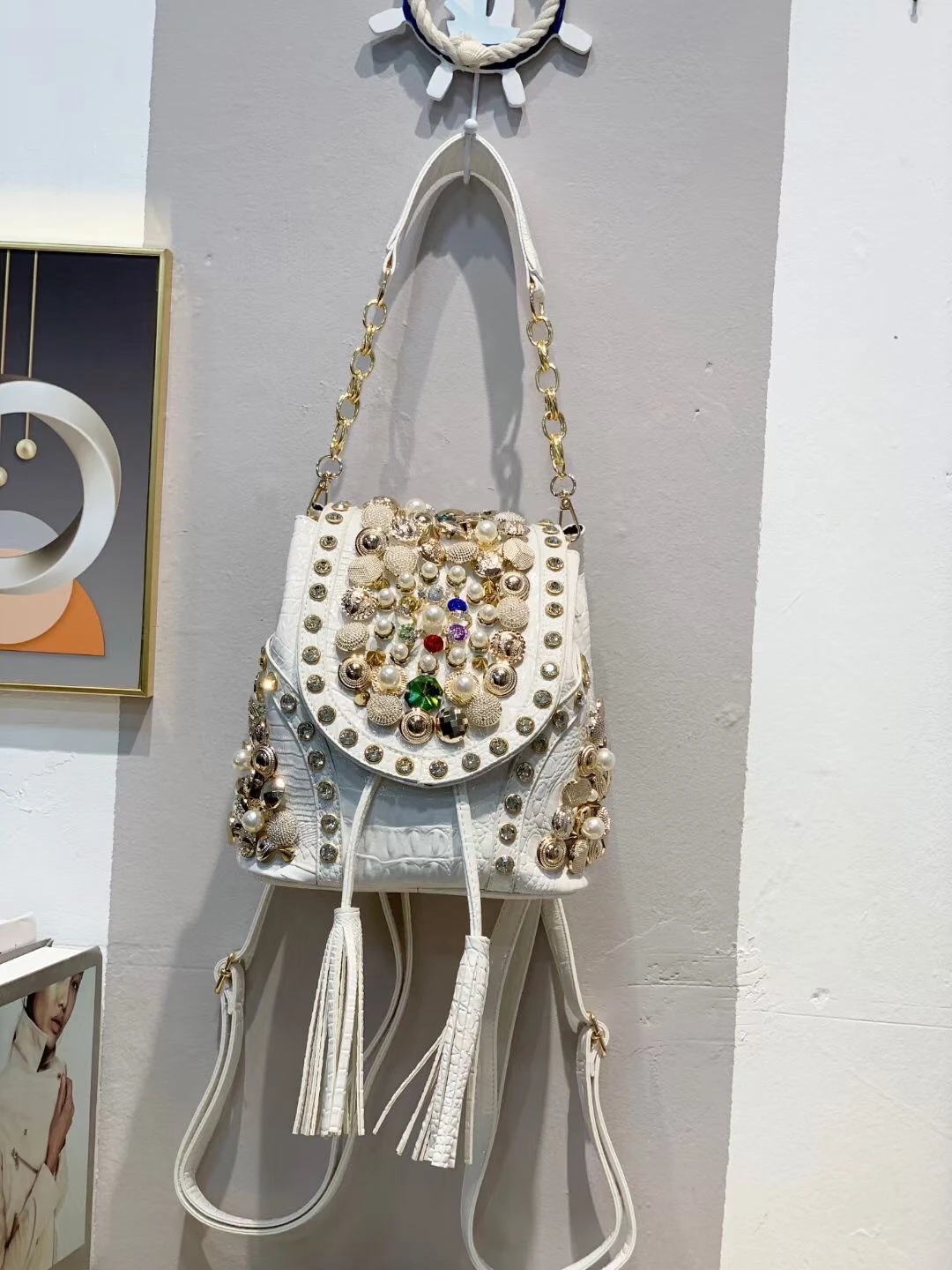 Rhinestone backpack female 2021 new fashion beaded diamond bucket bag shoulder handbag casual backpack chain messenger bag