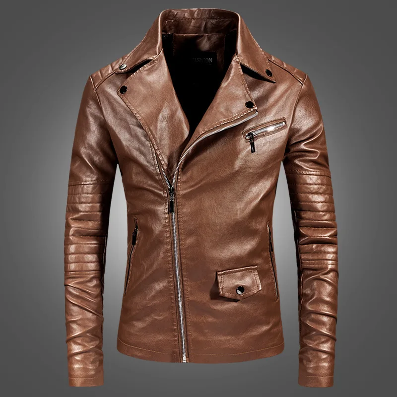 

Spring Autumn PU Leather Jacket Men Fashion Slim Fit Jaqueta Masculina Motorcycle Jacket Turn Down Collar Faux Leather Coat Men