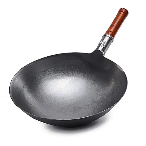 

Chinese Carbon Steel Wok, Profession Chinese Traditional Hand Hammered Carbon Steel Pow Wok with Wooden Handle and Steel Helper