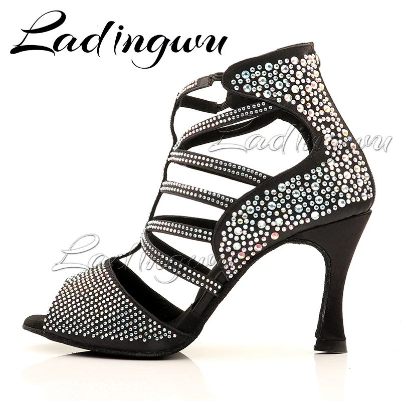 Ladingwu-zapatos de baile latino para mujer y niña, botas de baile con diseño único, sandalias con diamantes completos para fiesta de Salsa