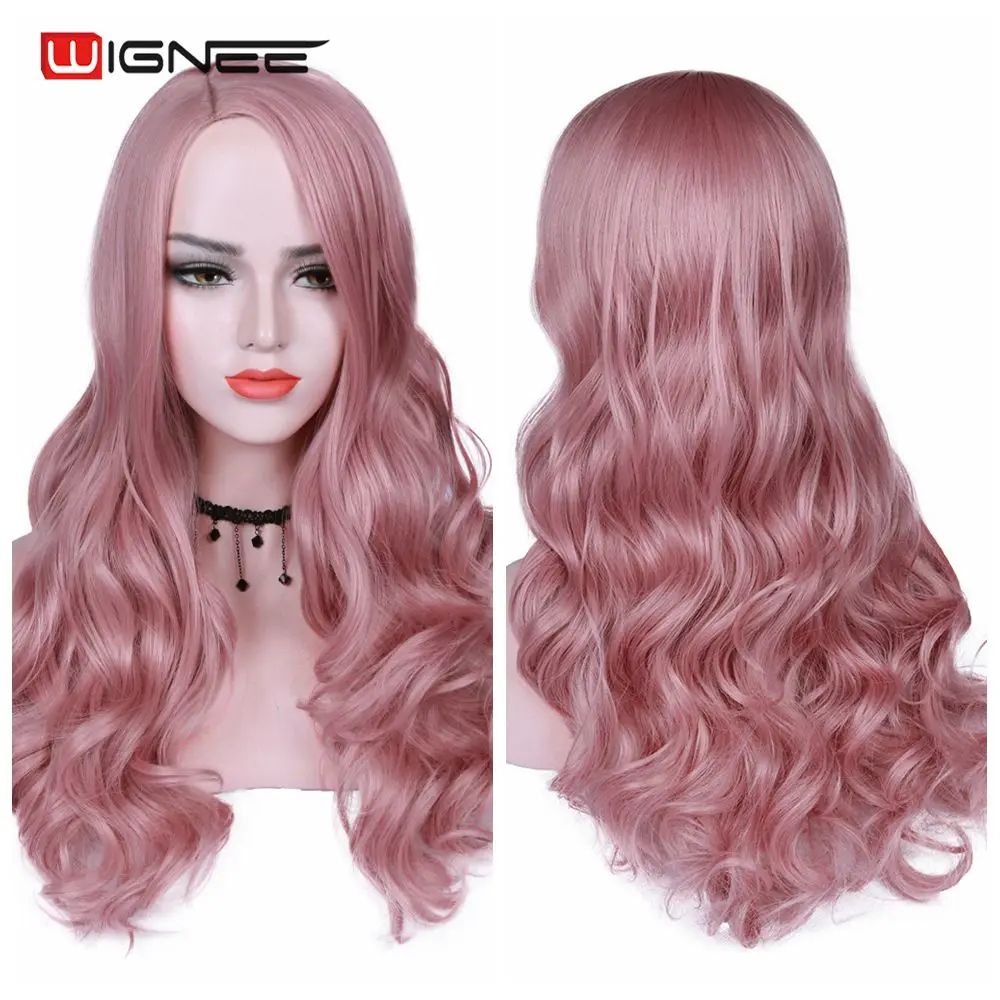 Wignee-Perruque synthétique longue ondulée rose pour femme, postiche avec degré de chaleur 03/fête, noir naturel à brun/violet/blond agaçant