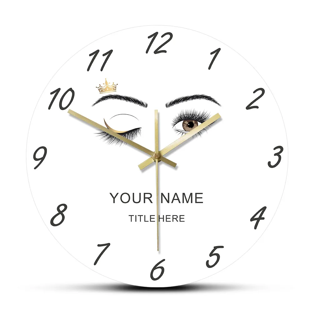 Eyelashes Extensions Beauty Salon Studio Custom Wall Clock Lashes Girl Wink Eye Crown Eyebrows Makeup Art Personalized Clock